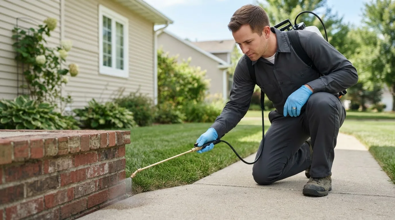 Pest control technician treating a home near Laddonia, MO